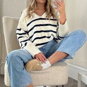 Zara Ecru V-Neck Polo Sweater in Cream and Black Stripes